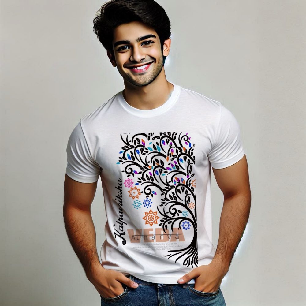 Round Neck Printed Cotton T-Shirt - Atharva Veda_Kalpavriksha - Image 3