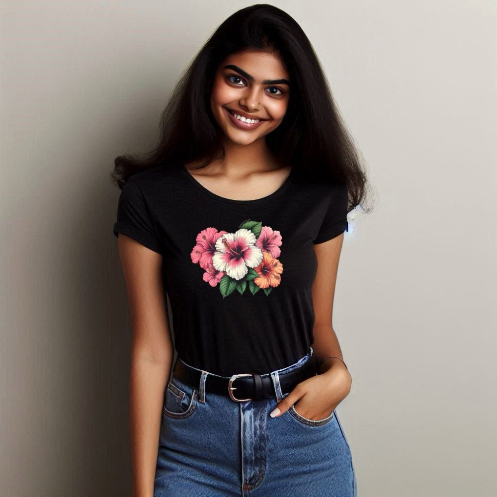 Round Neck Printed Cotton T-Shirt - Hibiscus - Image 2