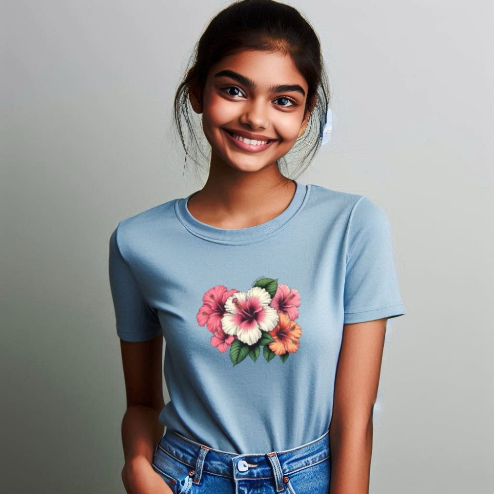 Round Neck Printed Cotton T-Shirt - Hibiscus - Image 3