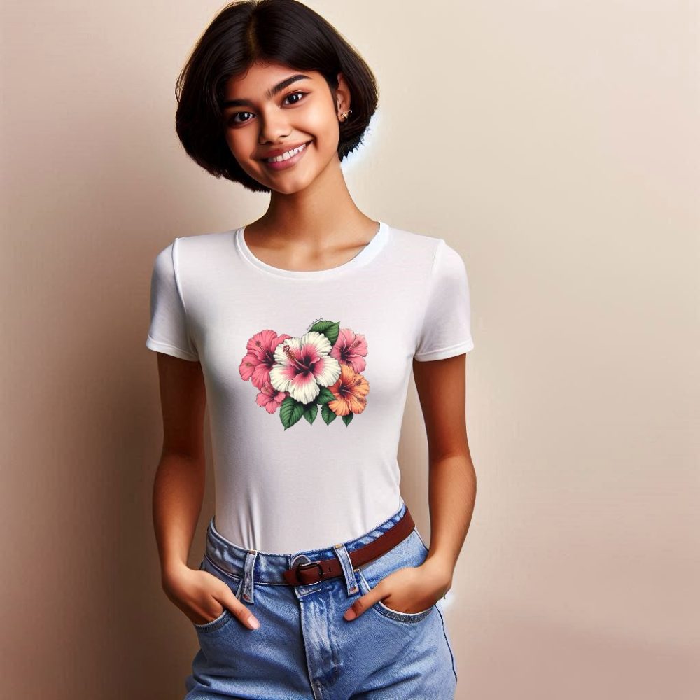 Round Neck Printed Cotton T-Shirt - Hibiscus - Image 5