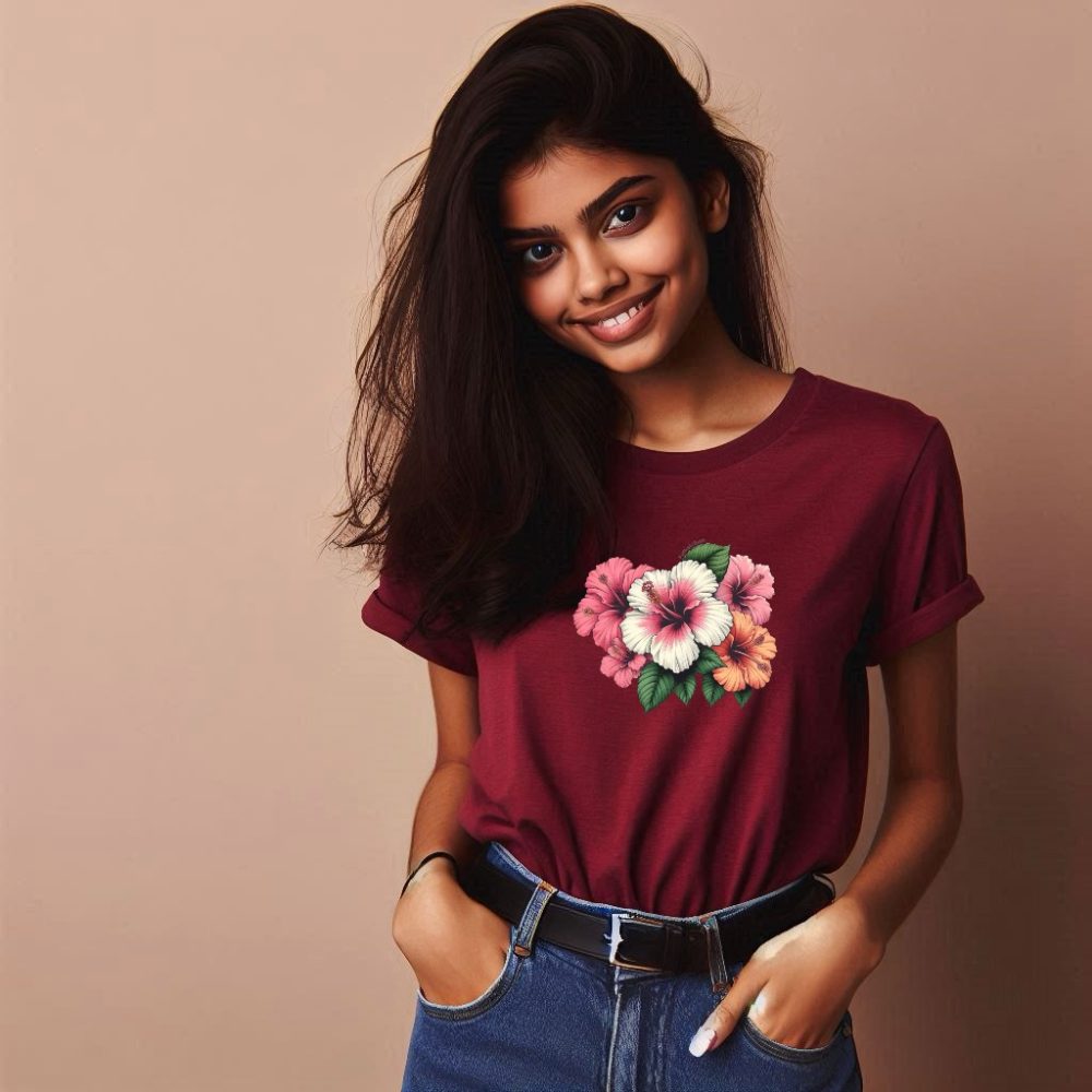 Round Neck Printed Cotton T-Shirt - Hibiscus - Image 4