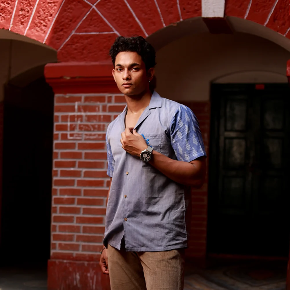 Men’s Half Sleeve Ikat Cotton Shirt - Sky Haze - Image 2