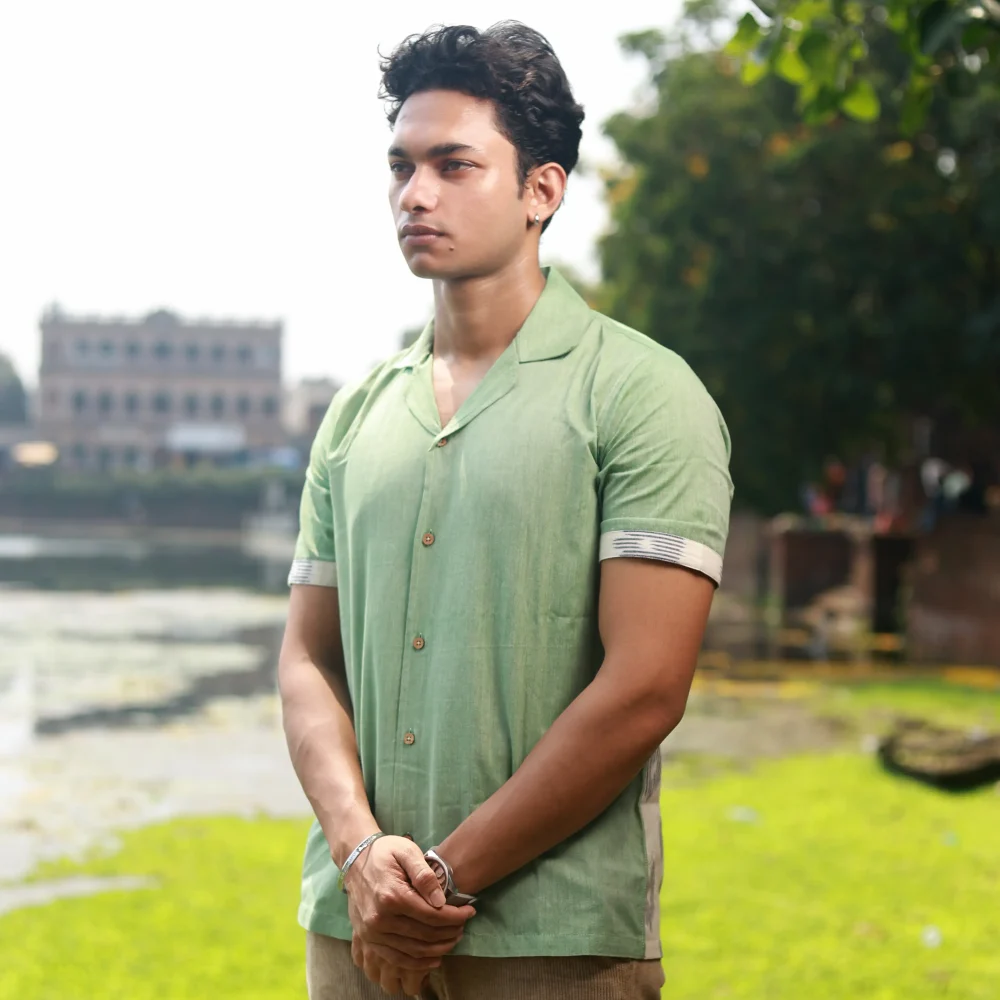 Men’s Half Sleeve Ikat Cotton Shirt - Lush Green - Image 4