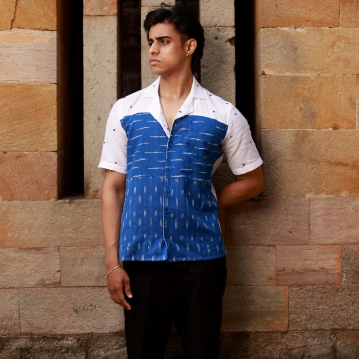 Half Sleeves Men Cotton Ikat Shirt -White blue Indigo - Ocean Whispers