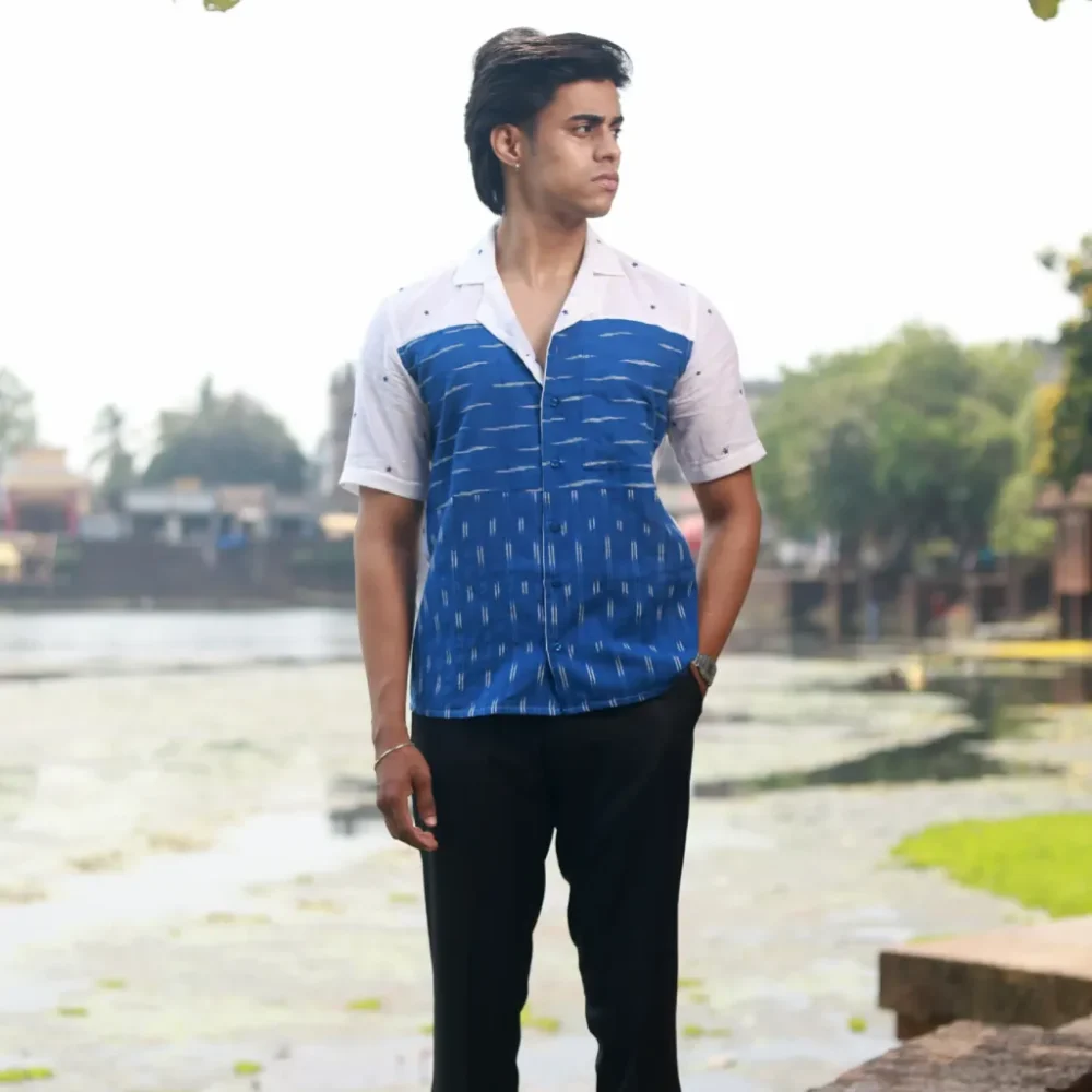 Men’s Half Sleeve Ikat Cotton Shirt - Ocean Whispers - Image 3