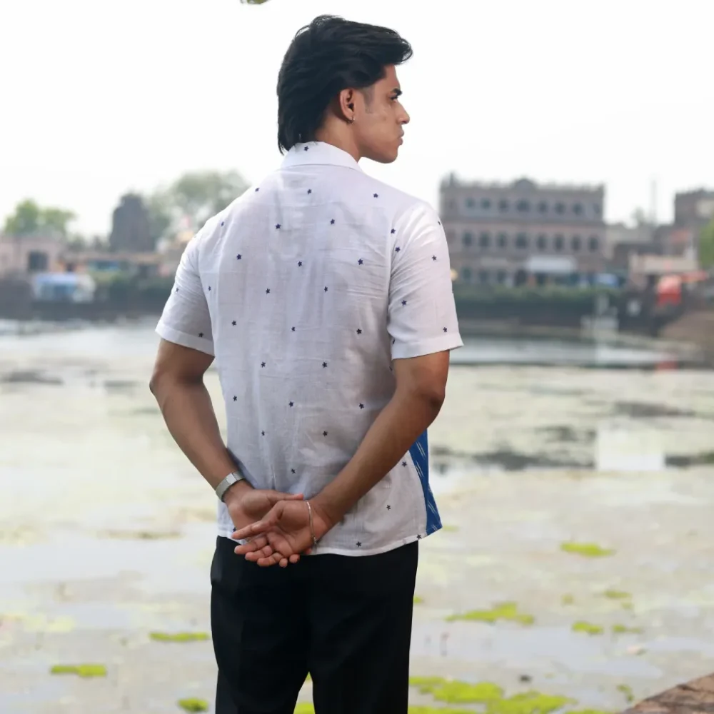 Men’s Half Sleeve Ikat Cotton Shirt - Ocean Whispers - Image 4