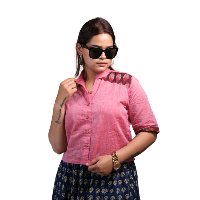 Women’s Ikat Cotton Crop Shirt-Blush Bloom