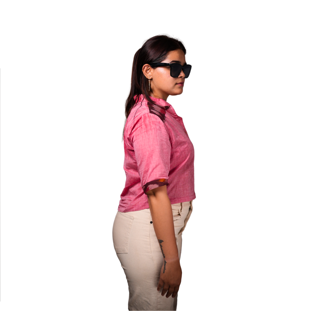 Women’s Ikat Cotton Crop Shirt-Blush Bloom - Image 2