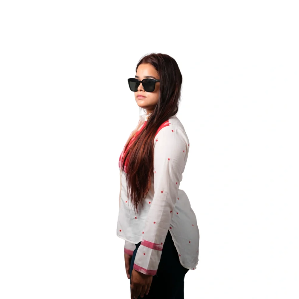 Women's High Low Ikat Cotton Shirt -Crimson Cloud - Image 2