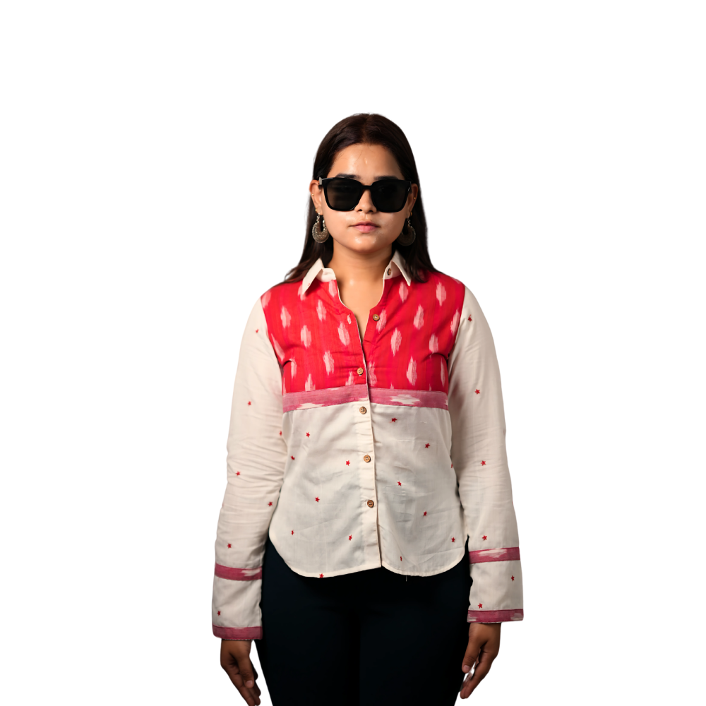 Women's High Low Ikat Cotton Shirt -Crimson Cloud