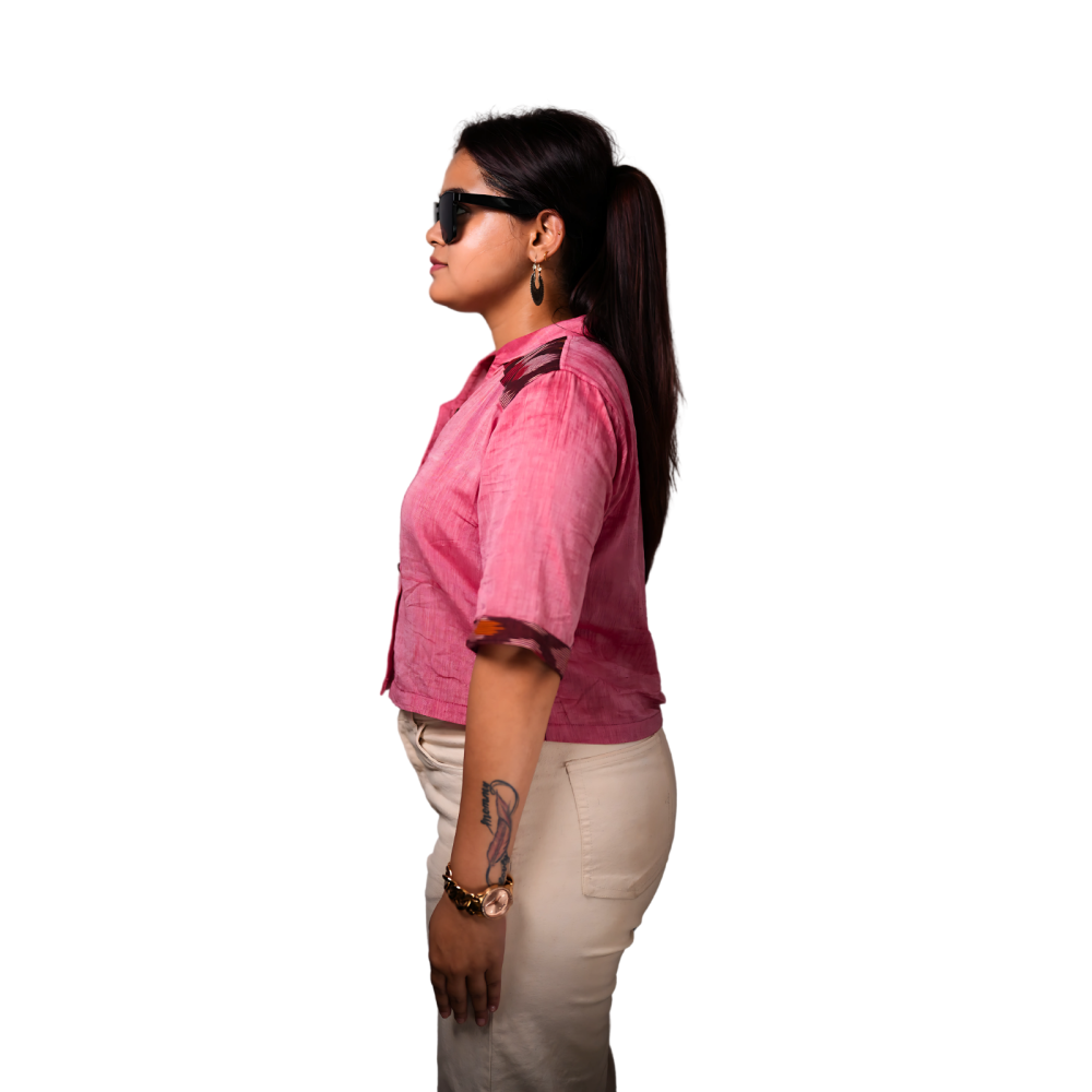 Women’s Ikat Cotton Crop Shirt-Blush Bloom - Image 3