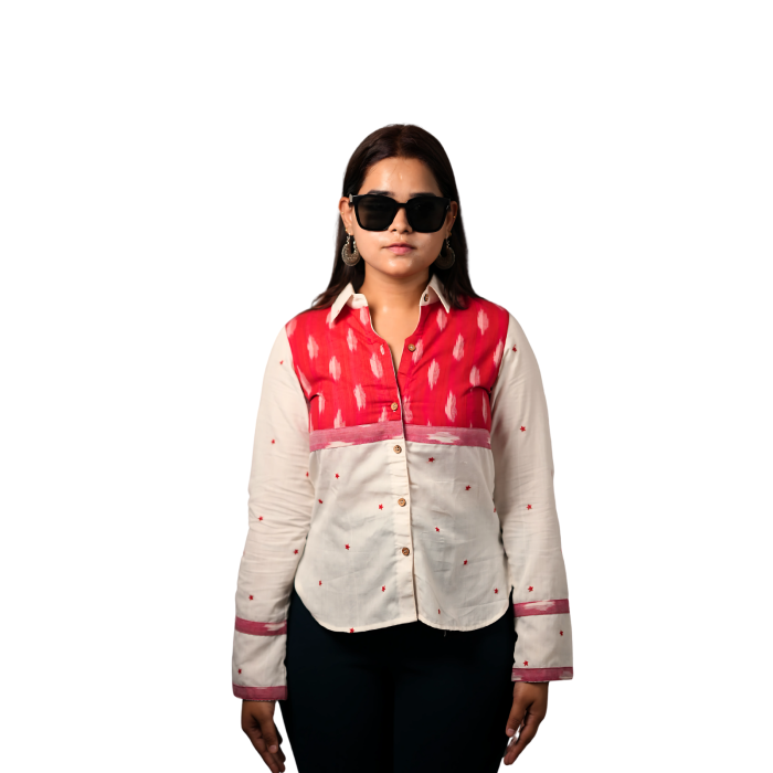 Women's High Low Ikat Cotton Shirt -Crimson Cloud