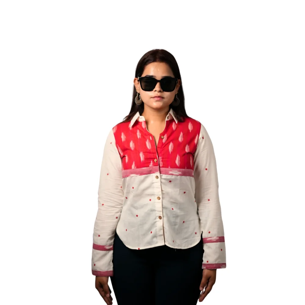 Women's High Low Ikat Cotton Shirt -Crimson Cloud