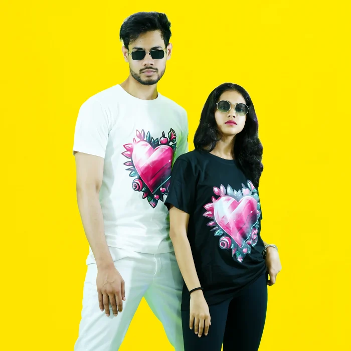 Round Neck Printed Cotton T-Shirt – Pink Heart – Love Couture – Unisex