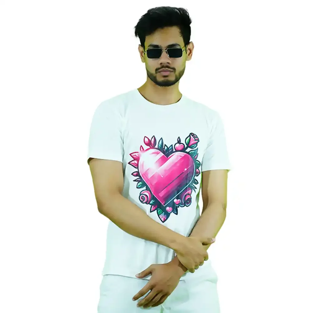 Round Neck Printed Cotton T-Shirt – Pink Heart – Love Couture – Unisex - Image 5