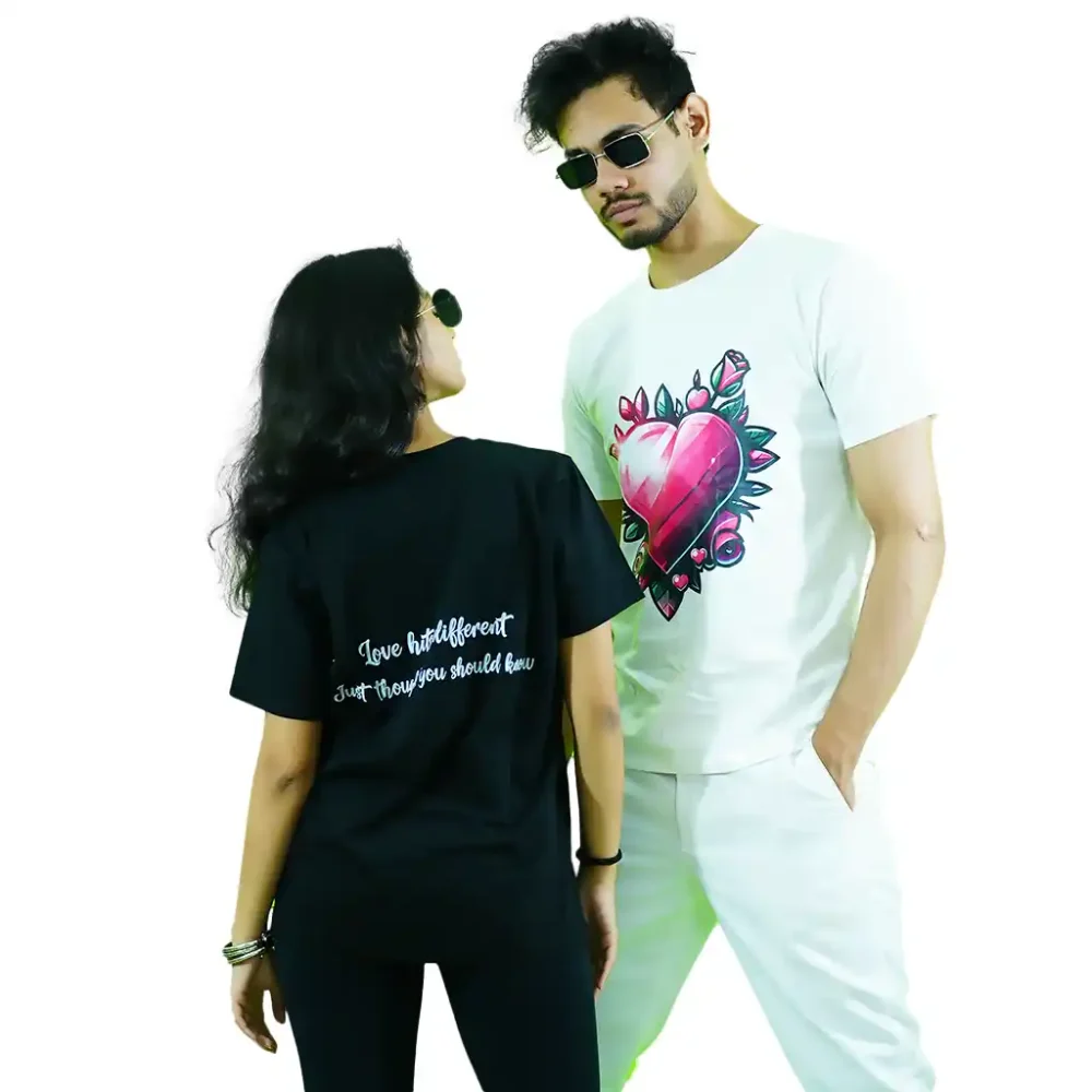 Round Neck Printed Cotton T-Shirt – Pink Heart – Love Couture – Unisex - Image 4