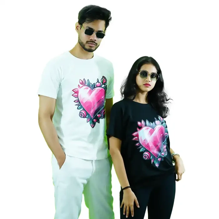 Round Neck Printed Cotton T-Shirt – Pink Heart – Love Couture – Unisex