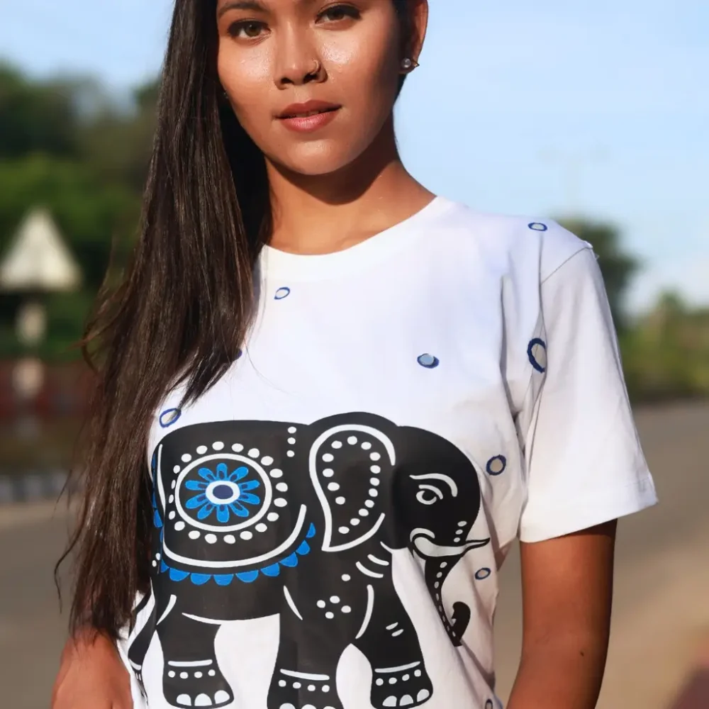 Round Neck Applique Printed Cotton T-Shirt - Madhya Ahiraj - Unisex - Image 3