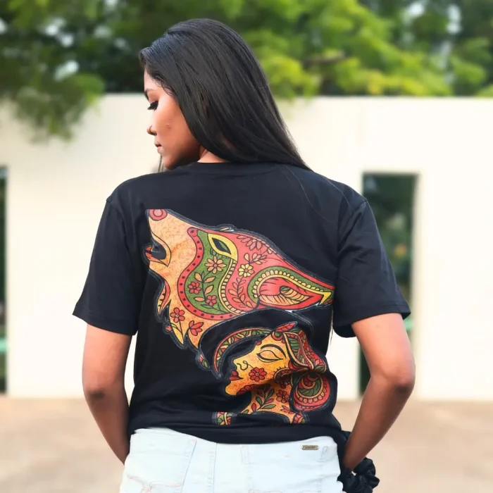 Round Neck Pattachitra Printed Cotton T-Shirt - Lunar Soul - Women