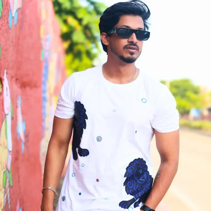 Round Neck Applique Printed Cotton T-Shirt - Twin Lions - Unisex