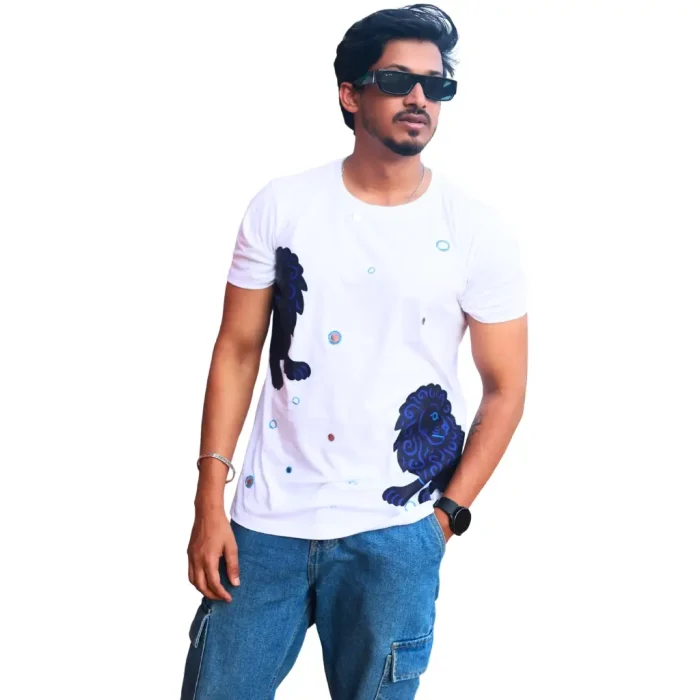 Round Neck Applique Printed Cotton T-Shirt - Twin Lions - Unisex