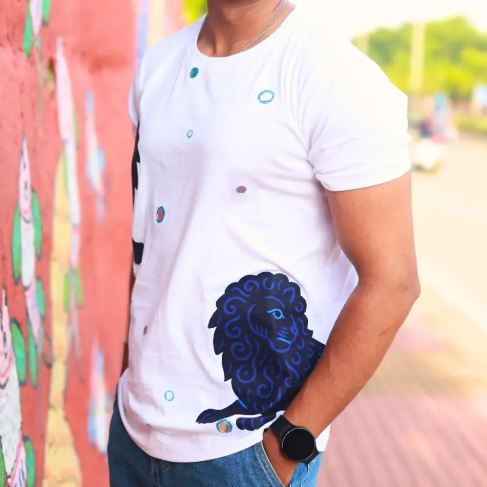 Round Neck Applique Printed Cotton T-Shirt - Twin Lions - Unisex - Image 2