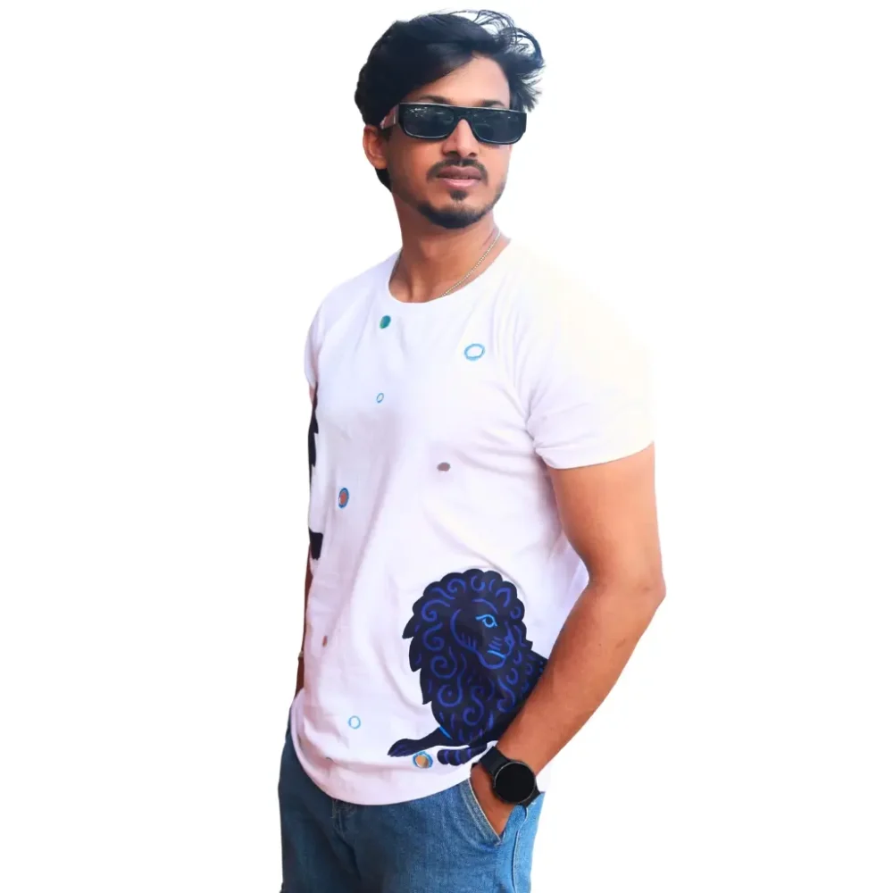 Round Neck Applique Printed Cotton T-Shirt - Twin Lions - Unisex - Image 2
