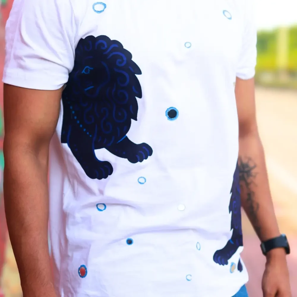 Round Neck Applique Printed Cotton T-Shirt - Twin Lions - Unisex - Image 3