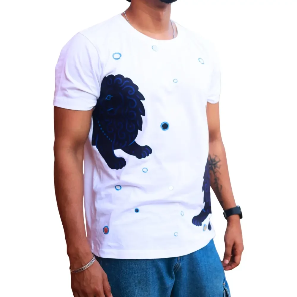 Round Neck Applique Printed Cotton T-Shirt - Twin Lions - Unisex - Image 3